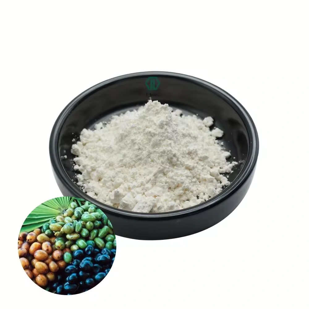 Saw palmetto berries beside a bowl of pale extract powder