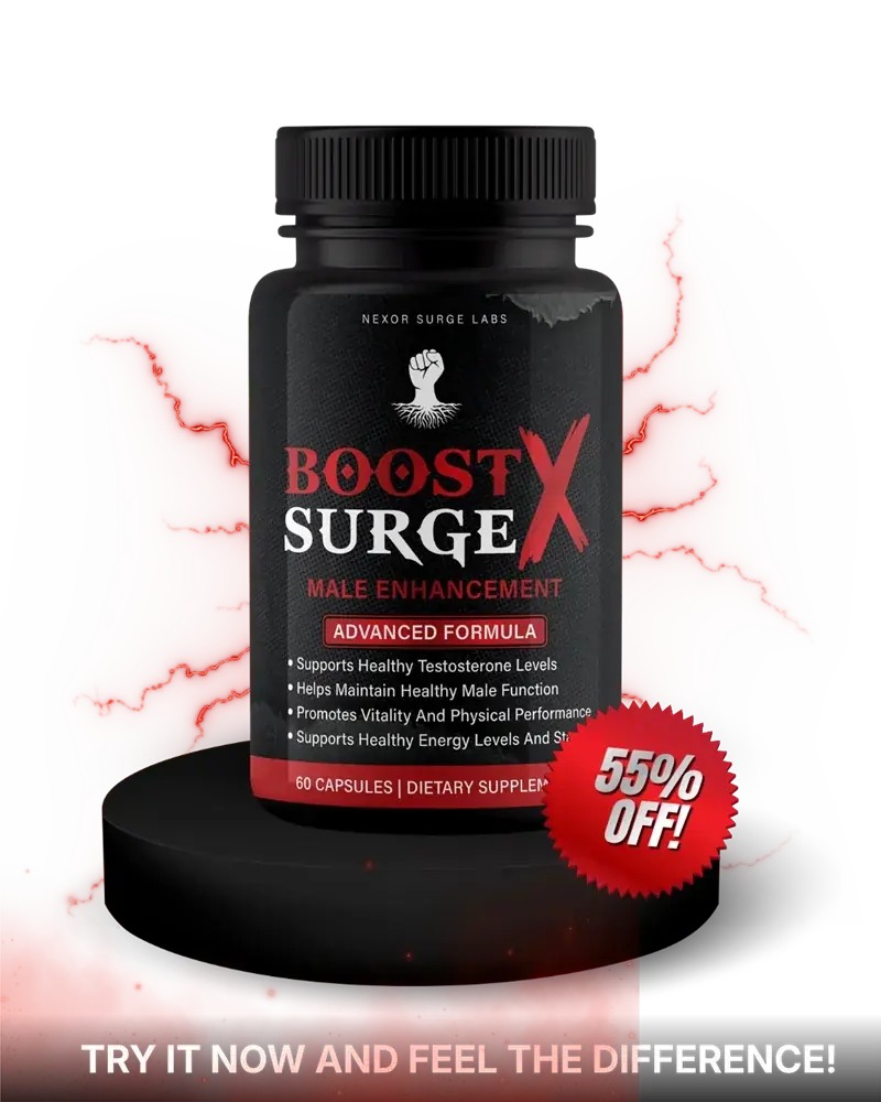 A Boost Surge X bottle on a dark plinth with a 55 per cent off starburst