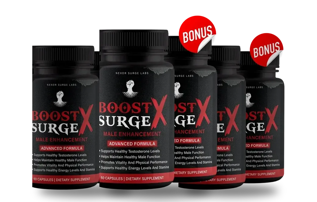 The Boost Surge X three-bottle pack art, showing bottles with bonus flashes